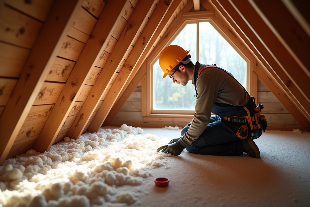 Technicien installant l isolation dans un grenier lumineux