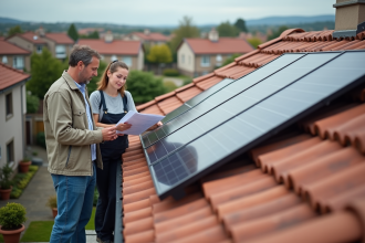 Homme et technicien près de panneaux solaires sur toit