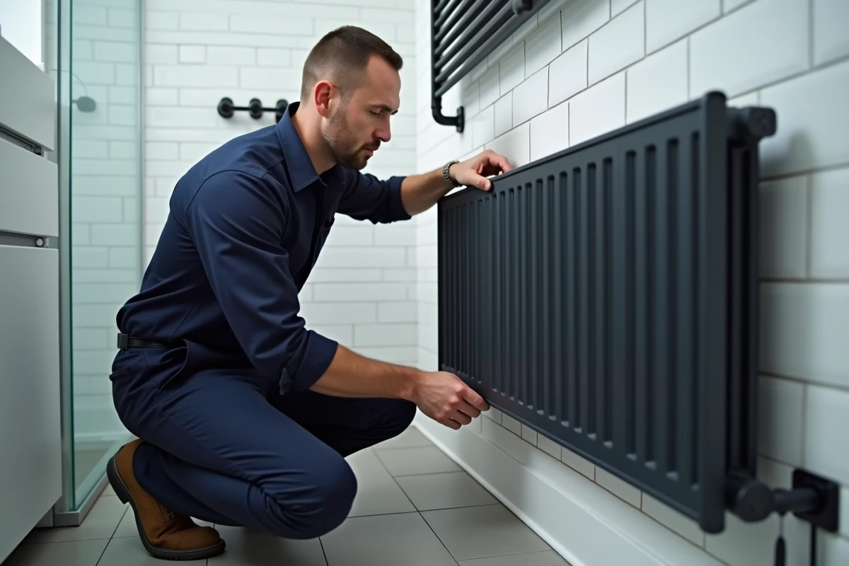 Plombier installant un pied de radiateur en fonte sur un radiateur design moderne dans une salle de bain rénovée avec carrelage métro blanc
