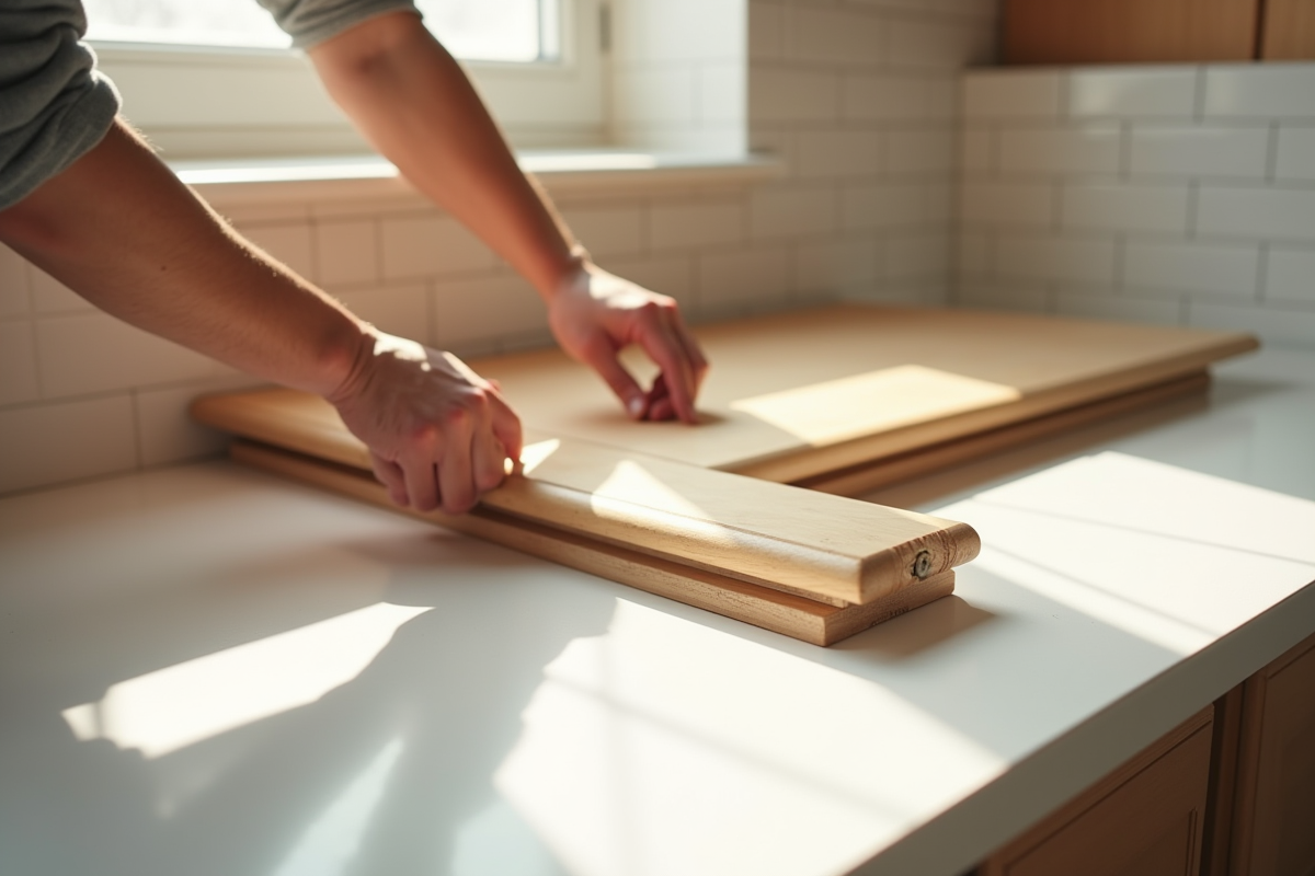 Installation portes de cuisine en bois avec outils