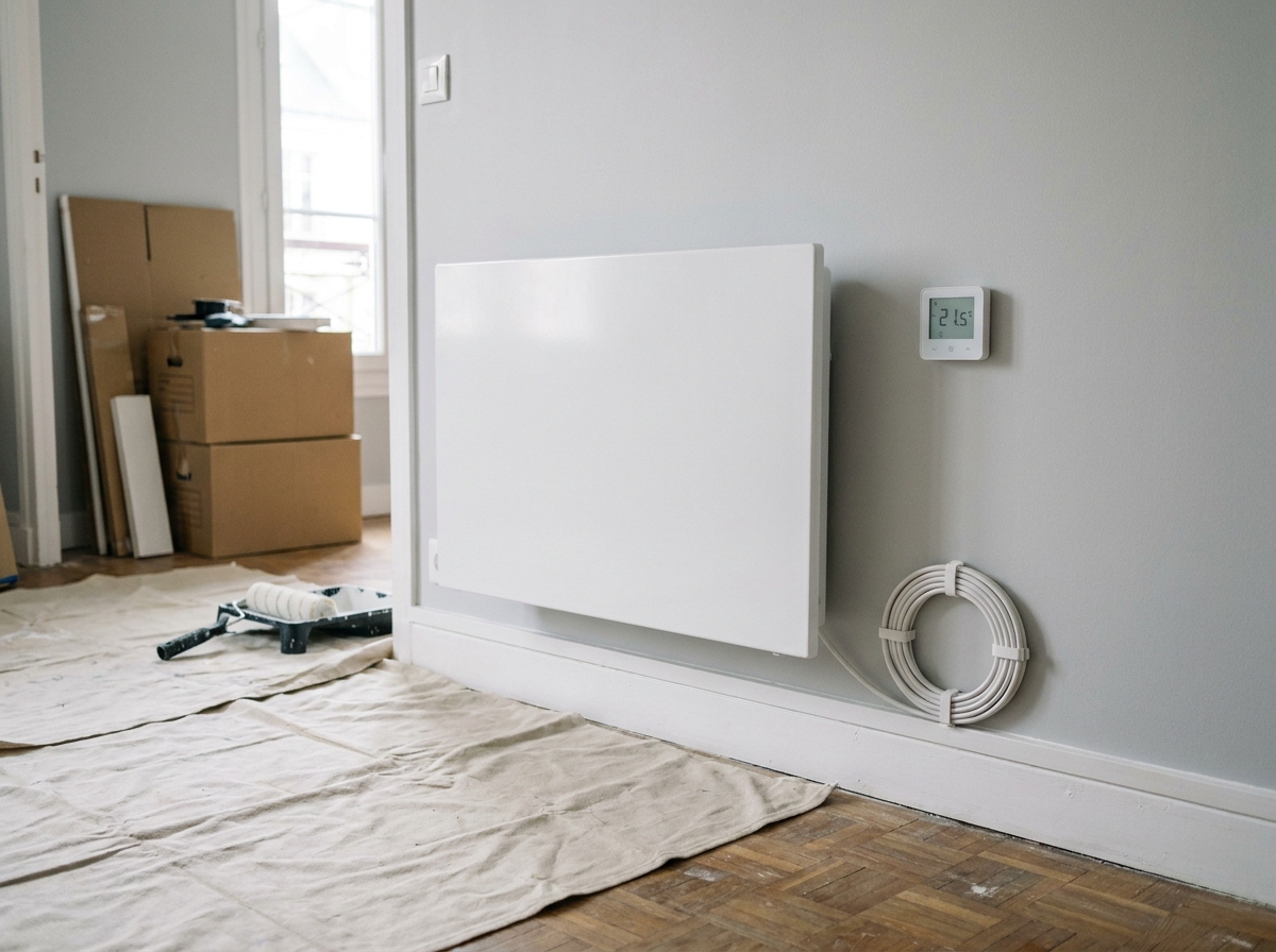 Radiateur électrique à inertie fraîchement installé sur un mur gris dans un appartement en rénovation