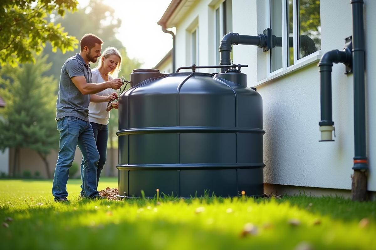 Homme et femme installant une grande cuve de récupération d'eau de pluie à côté d'une maison moderne