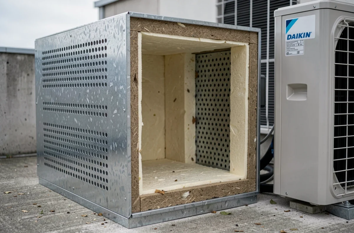 Gros plan sur un caisson insonorisé ouvert révélant les couches isolantes acoustiques internes pour pompe à chaleur