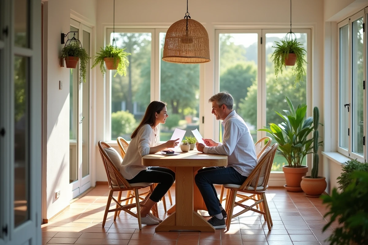 Intérieur confortable d'une véranda de 40m2 avec couple consultant des documents d'évaluation immobilière