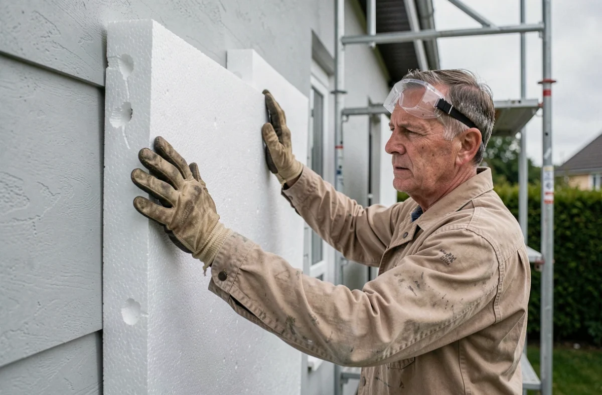 Ouvrier posant des panneaux d'isolation extérieure en polystyrène expansé sur la façade d'une maison individuelle