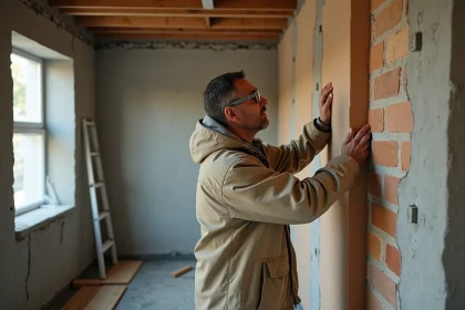 Ouvrier posant un panneau de laine minérale sur un mur intérieur en brique dans un appartement en rénovation