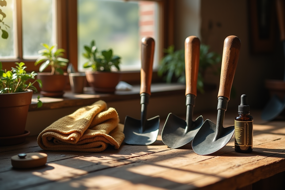 Outils de jardin vintage sur un plan de travail en bois avec huile de camellia