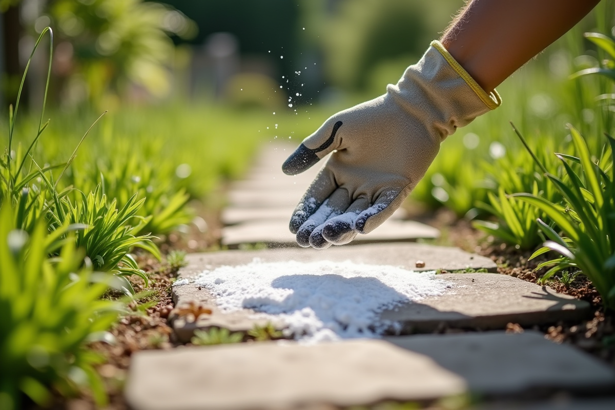 Main portant des gants saupoudrant du bicarbonate sur un chemin en pierre