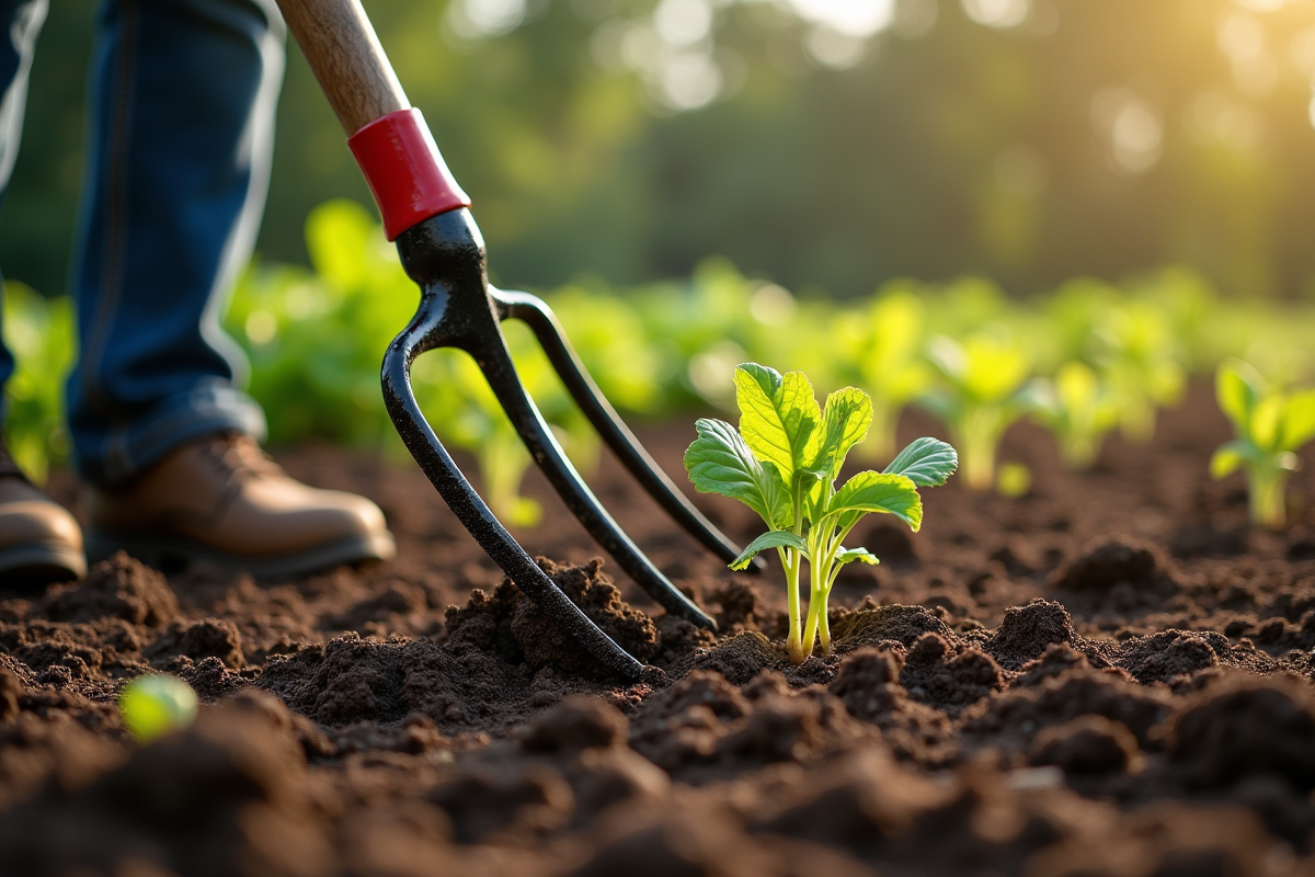 Jardinier utilisant une fourche pour aérer la terre riche ensoleillée