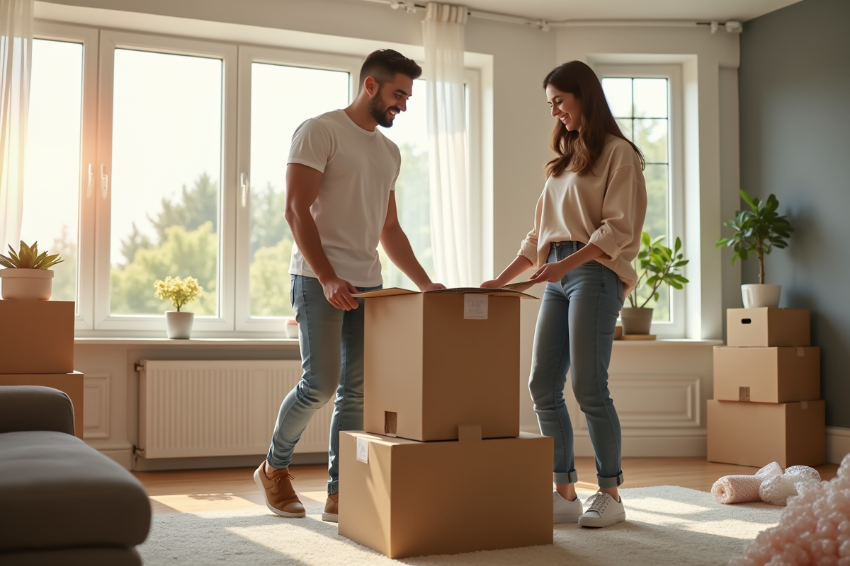 Jeune couple souriant préparant des cartons dans un salon lumineux
