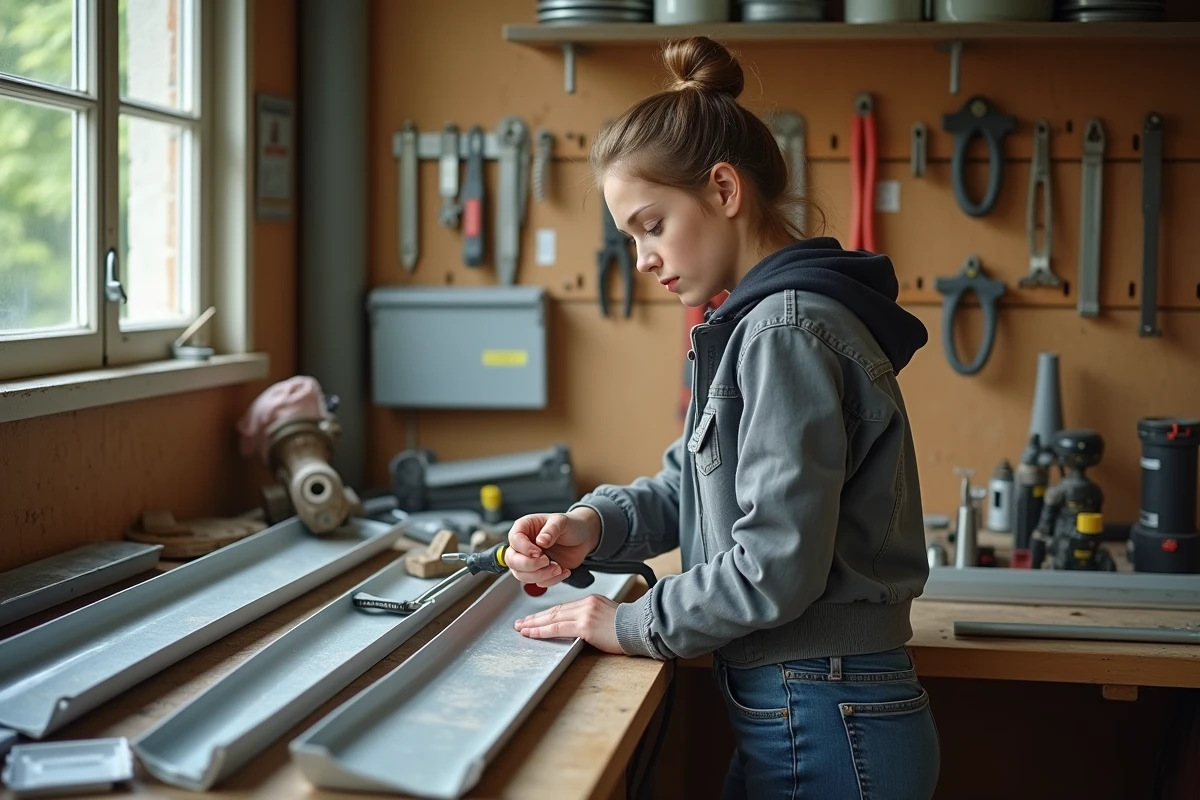 Jeune femme pr&eacute;parant des sections de zinc dans un atelier propre