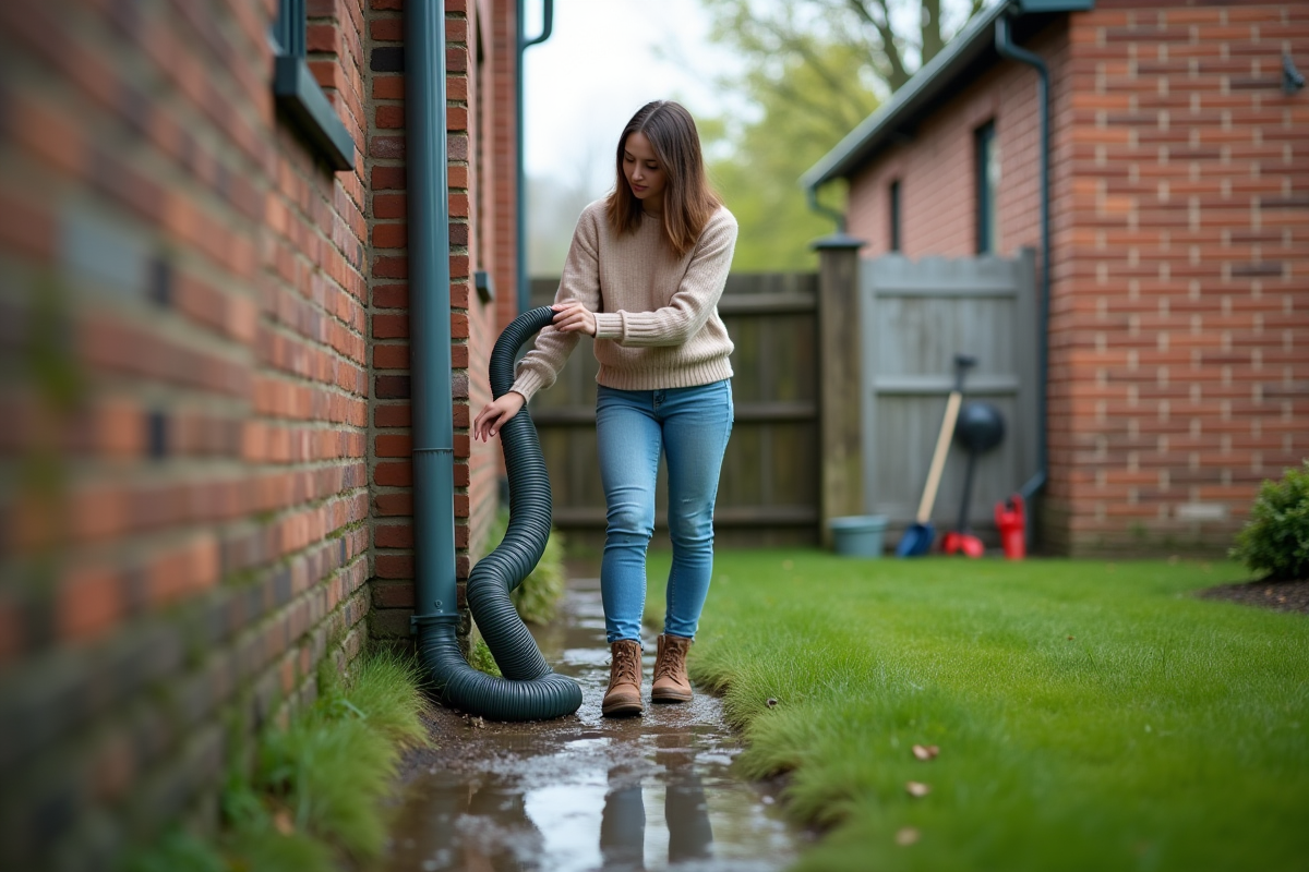 Jeune femme vérifiant un tuyau de drainage extérieur