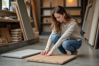 Jeune femme examine des échantillons de matériaux de construction