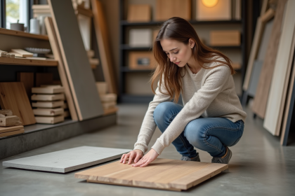 Jeune femme examine des échantillons de matériaux de construction