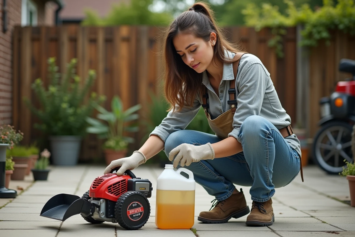 Jeune femme en extérieur mélange huile et carburant pour coupe bordure