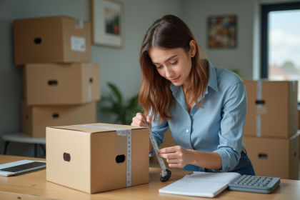 Jeune femme mesure un carton dans un bureau moderne