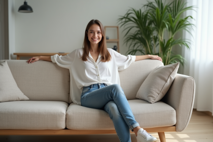 Jeune femme assise dans un salon moderne et lumineux