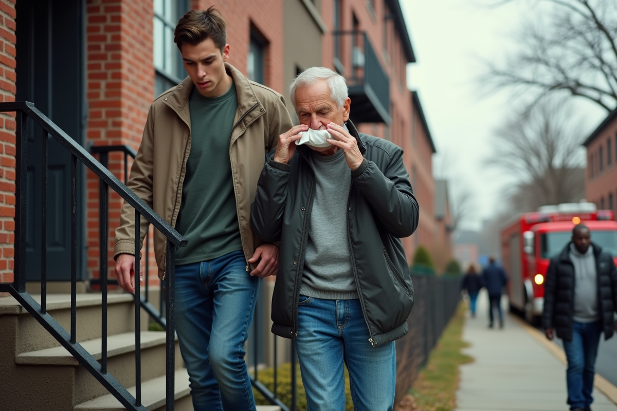 Jeune homme en casual aide une personne âgée à descendre les escaliers extérieurs