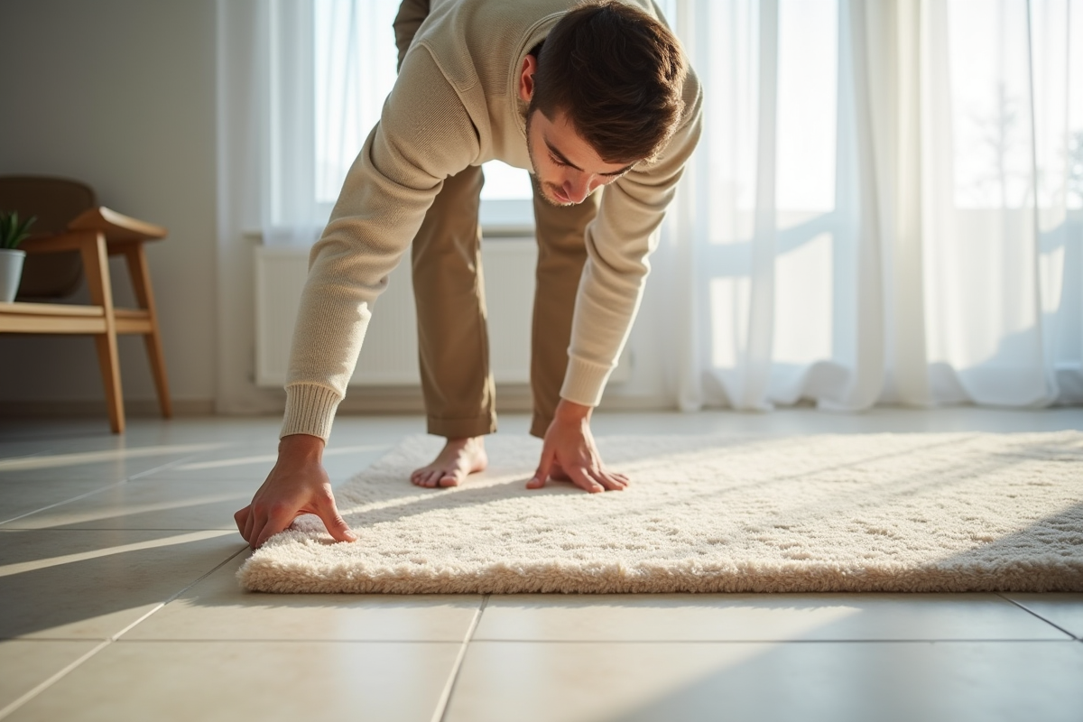 Jeune homme ajustant un tapis dans un appartement lumineux