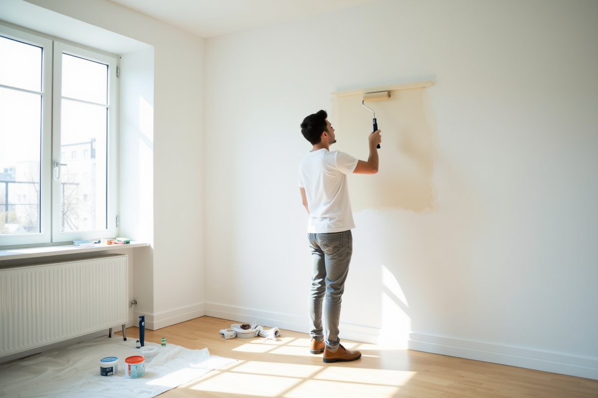 Jeune locataire peignant un mur blanc dans un appartement lumineux