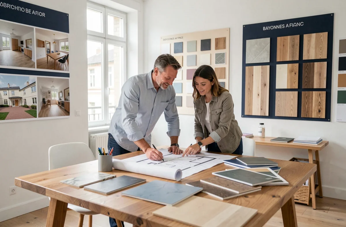 Équipe de La Maison Des Travaux Bayonne présentant des plans de rénovation et des matériaux de construction