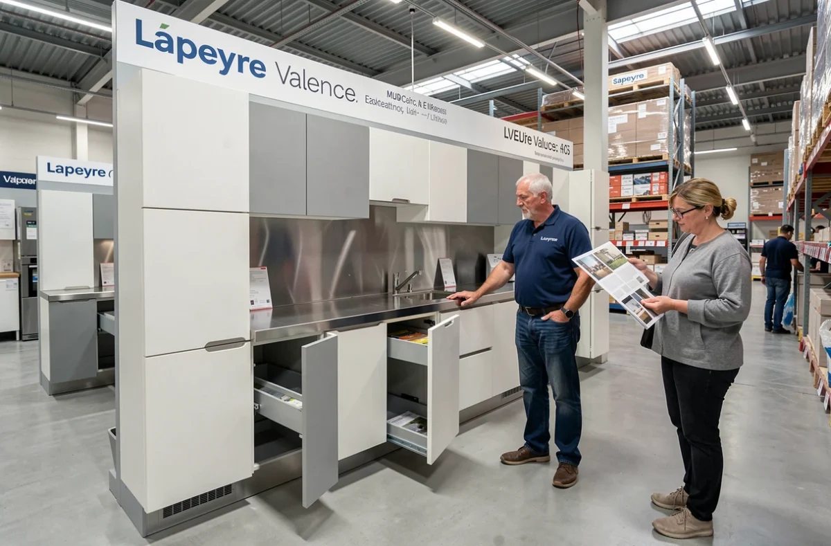 Rayon cuisines Lapeyre Valence avec un employé présentant des modules de cuisine blancs et gris en grande surface