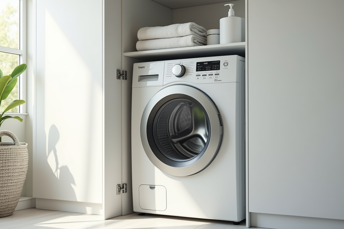 Lave-linge moderne dans un placard blanc avec linge et produits