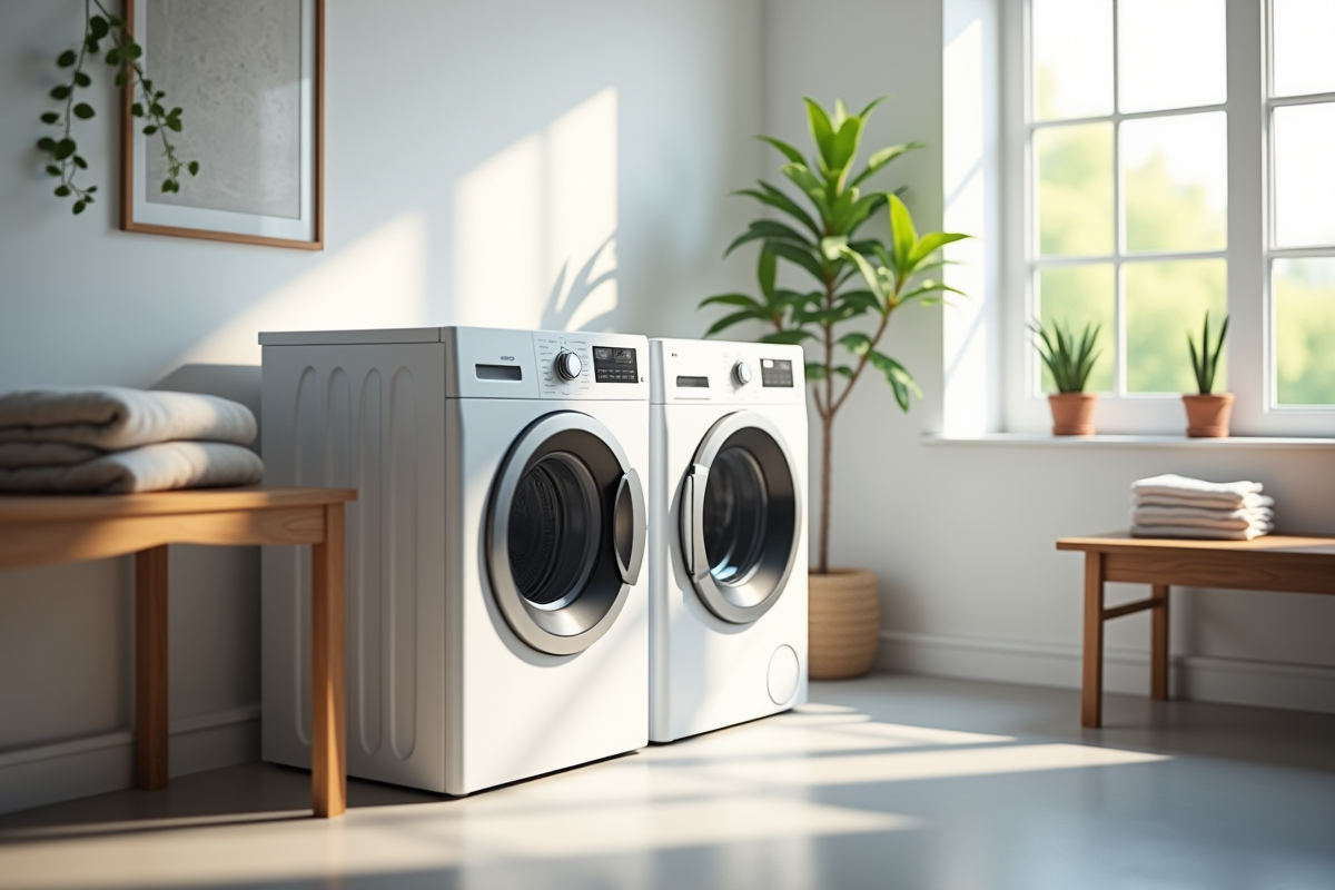 Lave-linge séche-linge moderne dans une buanderie lumineuse