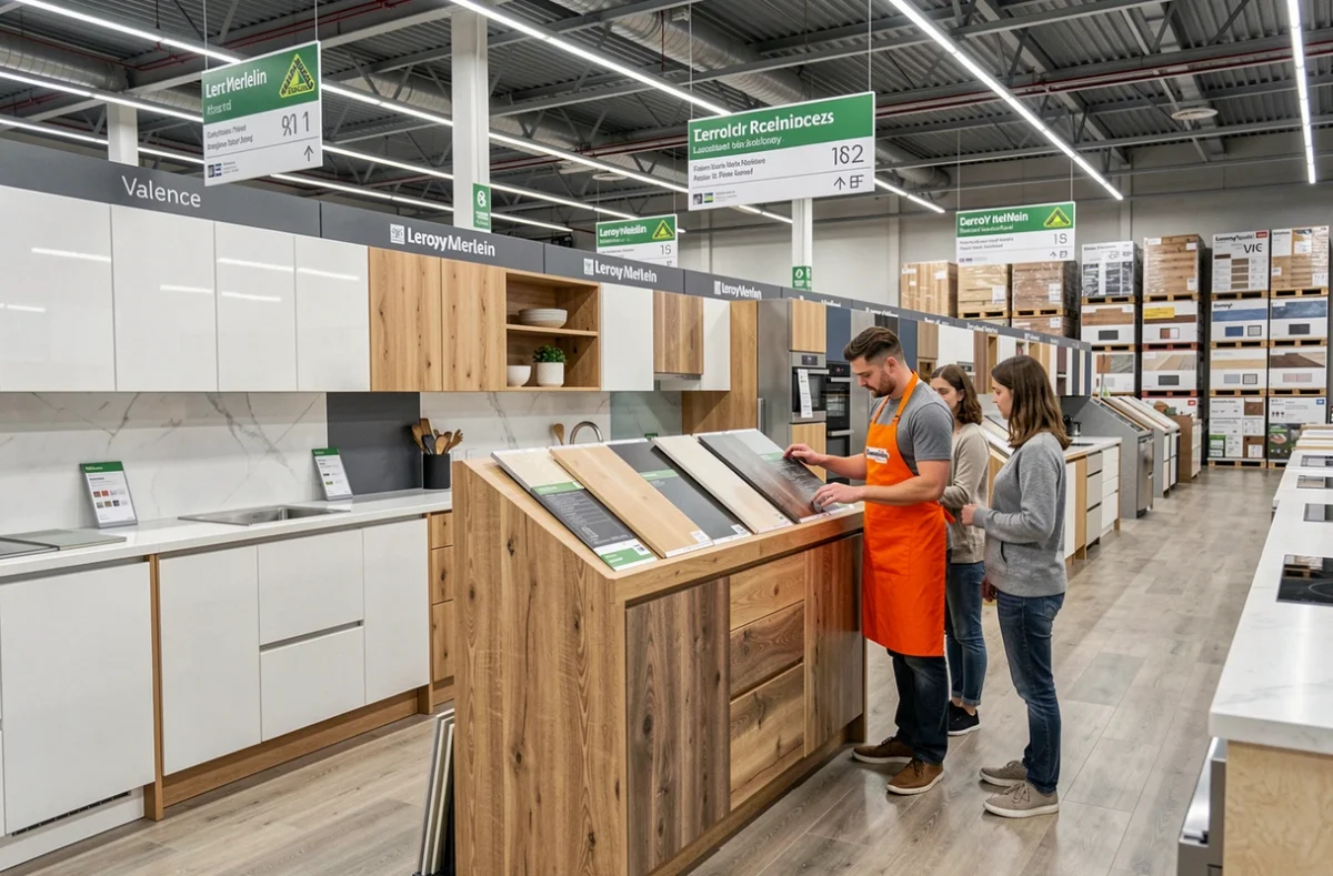 Rayon cuisines Leroy Merlin Valence avec un employé en tablier orange aidant un couple à comparer des modèles de portes de cuisine