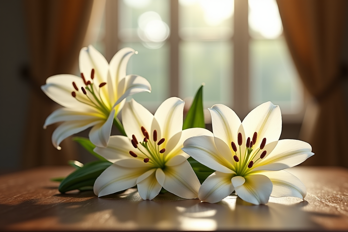 Trois lys blancs artistiquement disposés sur une table en bois avec lumière douce