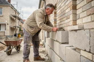 Maçon professionnel posant des pierres sur un chantier dans les Hauts-de-France, travaillant avec soin sur une façade en briques traditionnelle