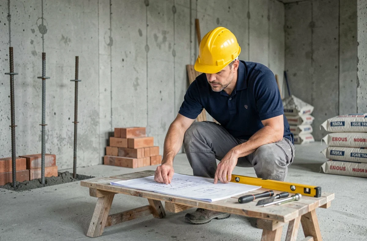 Maçon qualifié consultant des plans de construction à l'intérieur d'un bâtiment en cours de rénovation dans les Hauts-de-France