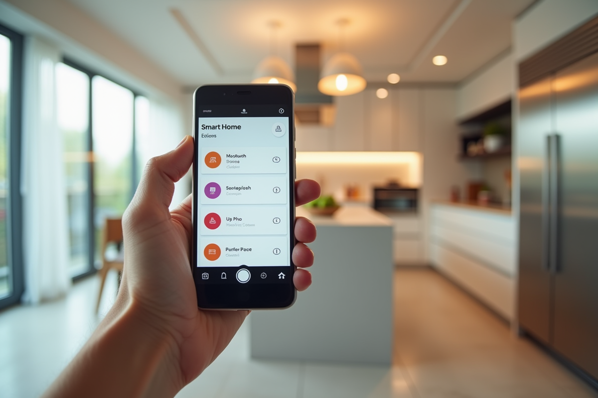 Main tenant un smartphone avec app domotique dans une cuisine lumineuse