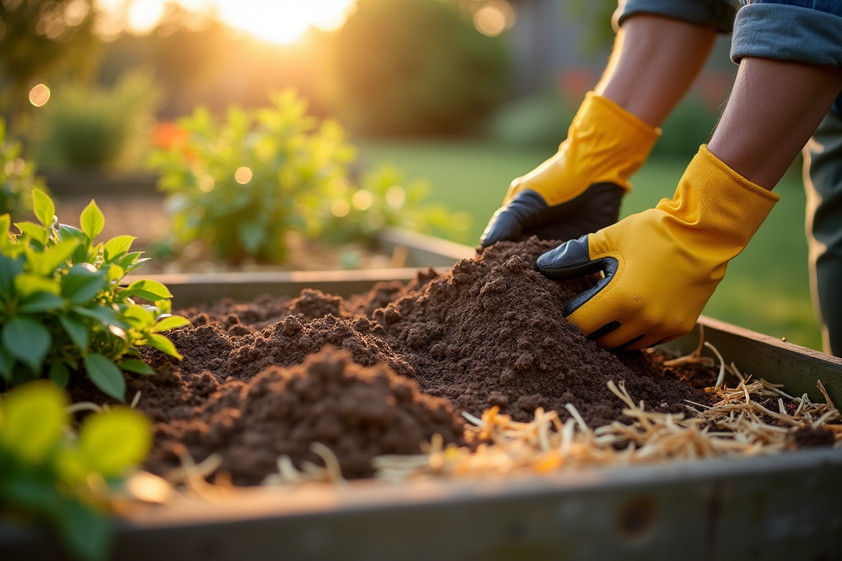 Mains gantées déposant du compost et du foin sur un lit de jardin