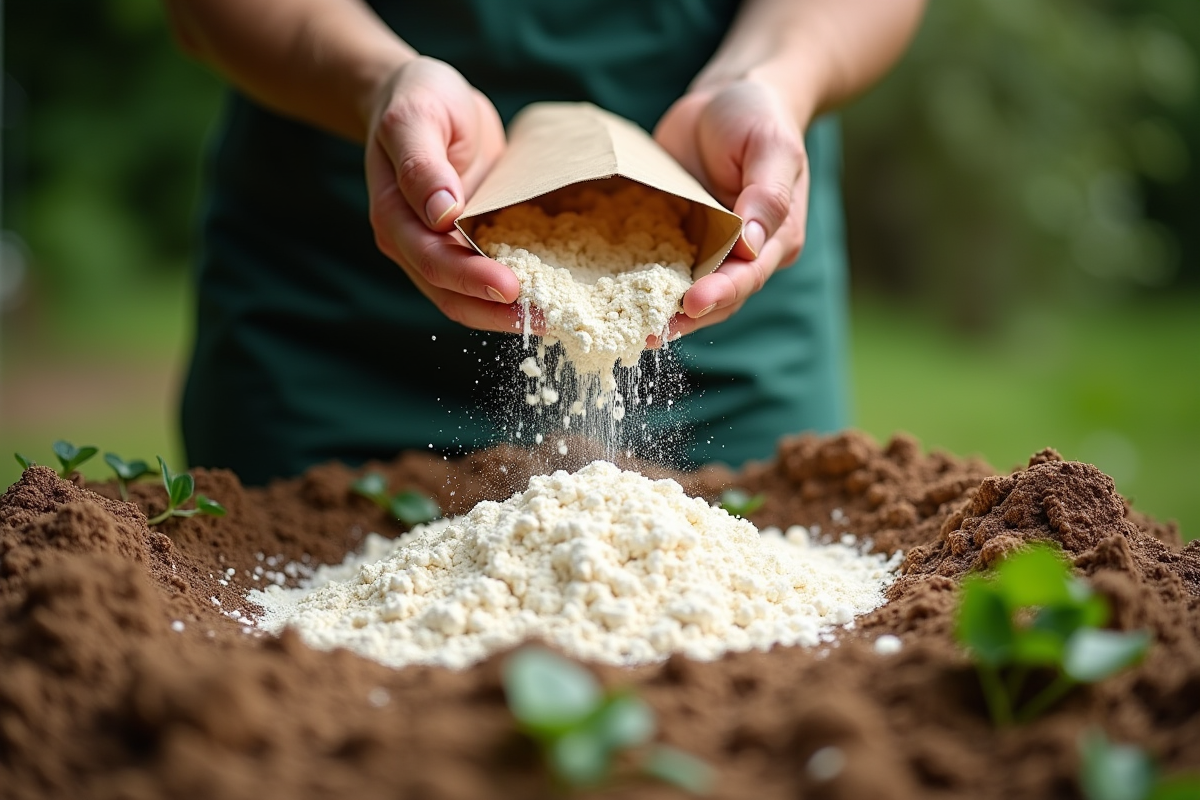 Mains saupoudrant de la farine sur compost dans le jardin