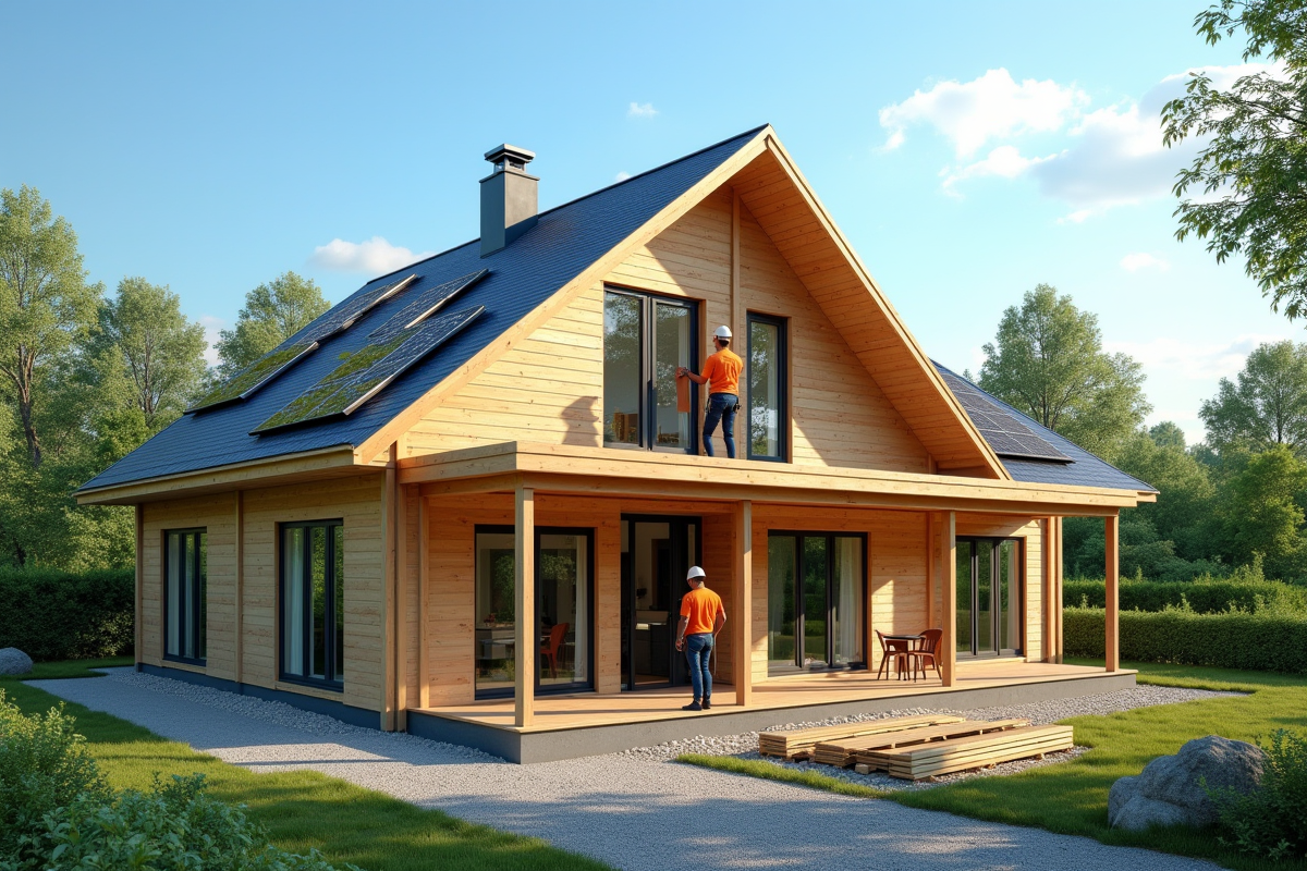 Maison écologique en construction avec panneaux solaires et équipe de travail