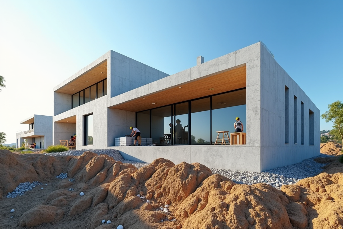 Maison écologique en construction avec ouvriers et fondations