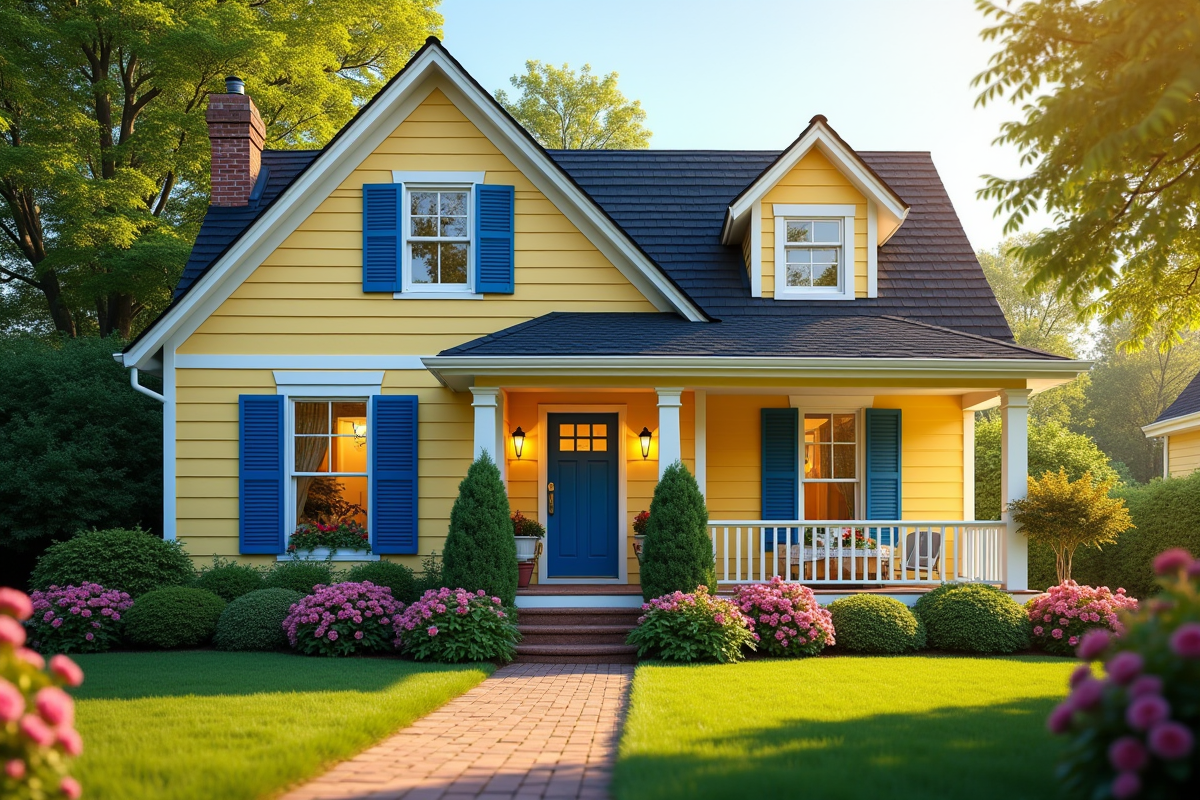 Maison cottage jaune avec volets bleus et jardin fleuri en matinée