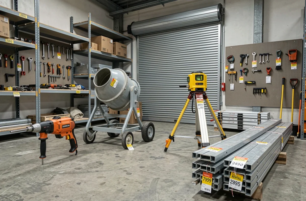 Assortiment de matériel de chantier disponible à la location avec étiquettes de prix dans un dépôt professionnel