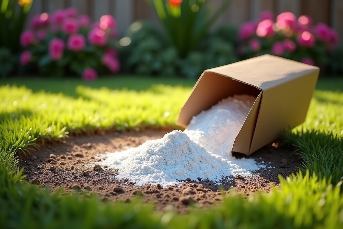 Tas de bicarbonate versé sur des mauvaises herbes dans le jardin
