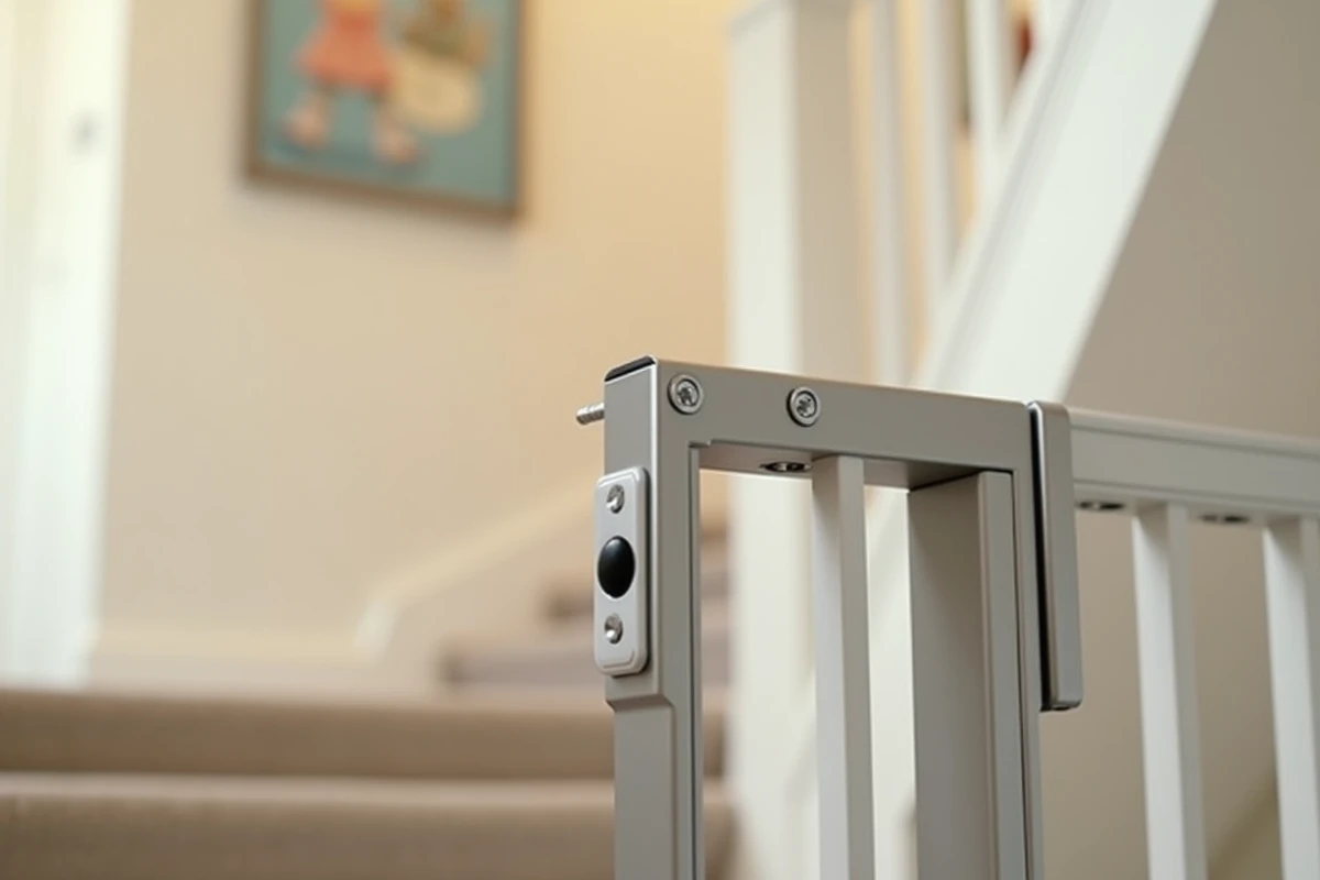 Gros plan sur le mécanisme de verrouillage d'une barrière de sécurité pour escalier dans une maison familiale