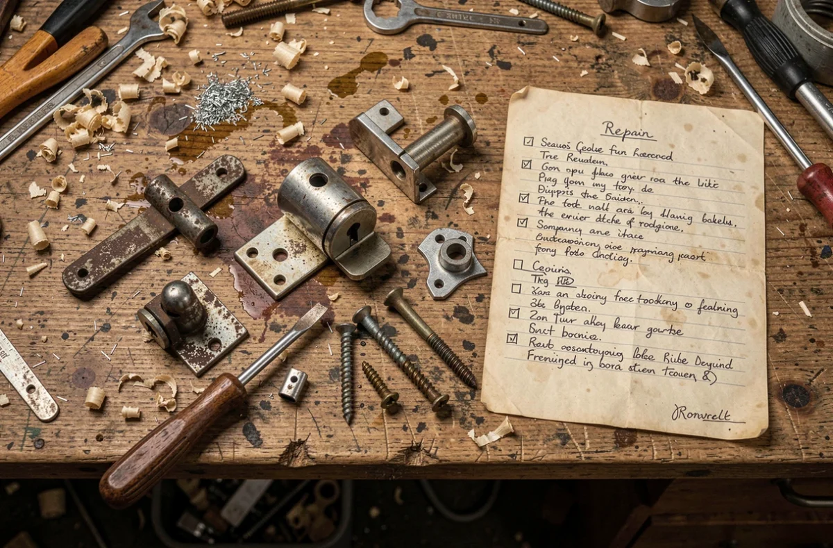 Vue de dessus d'un mécanisme de serrure de porte démonté avec ses composants sur un établi d'atelier de serrurier