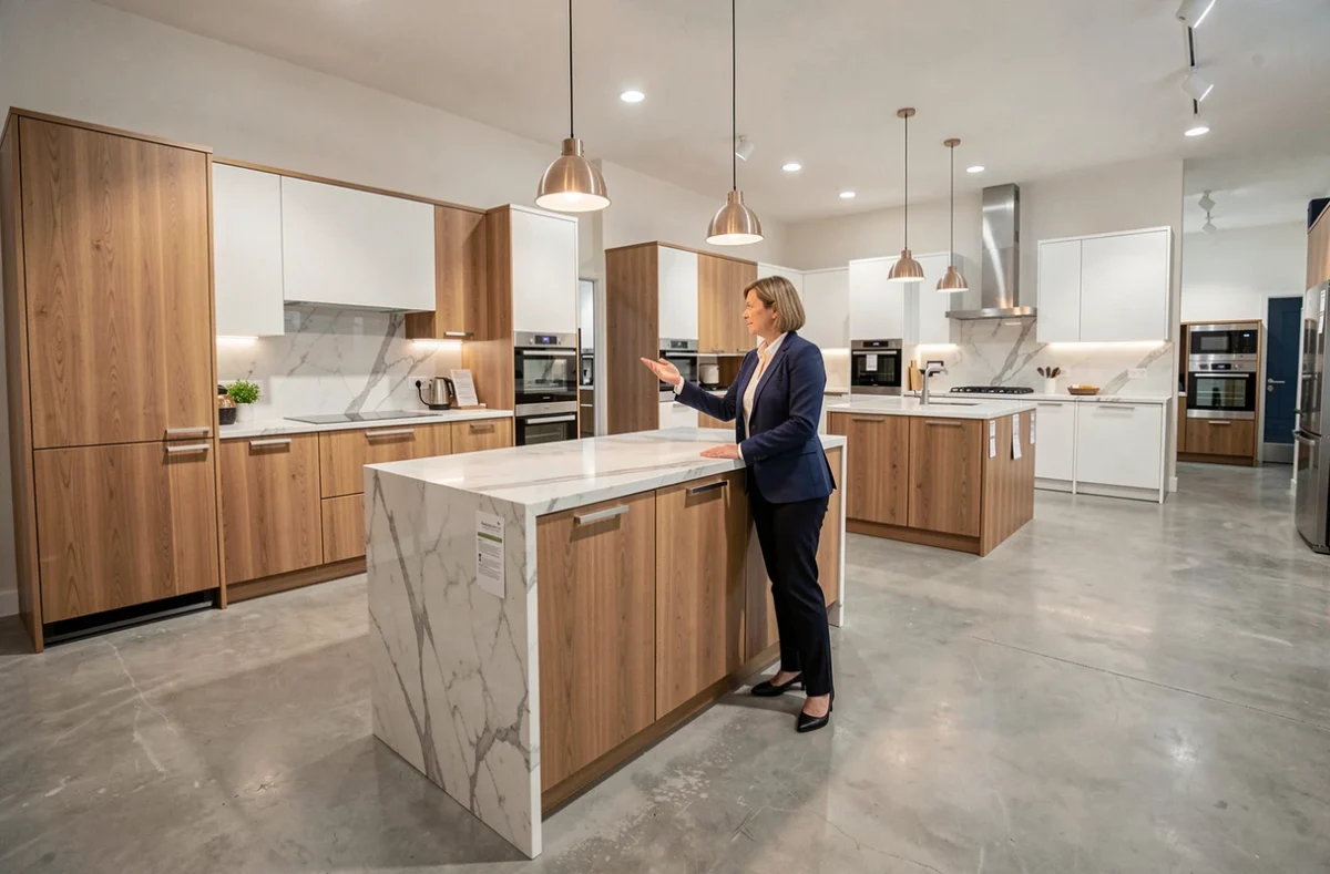 Showroom de cuisinistes dans la Drôme avec designer présentant des modèles de cuisines équipées modernes