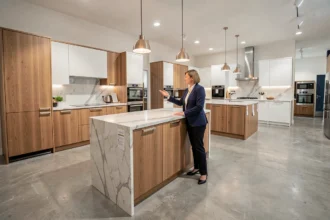 Showroom de cuisinistes dans la Drôme avec designer présentant des modèles de cuisines équipées modernes
