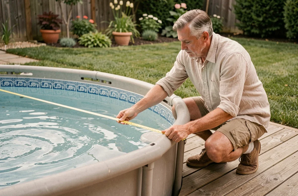 Homme mesurant le diamètre d'une piscine ronde avec un mètre ruban dans un jardin