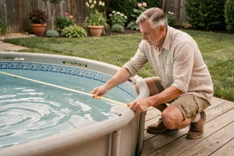 Homme mesurant le diamètre d'une piscine ronde avec un mètre ruban dans un jardin