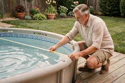 Homme mesurant le diamètre d'une piscine ronde avec un mètre ruban dans un jardin