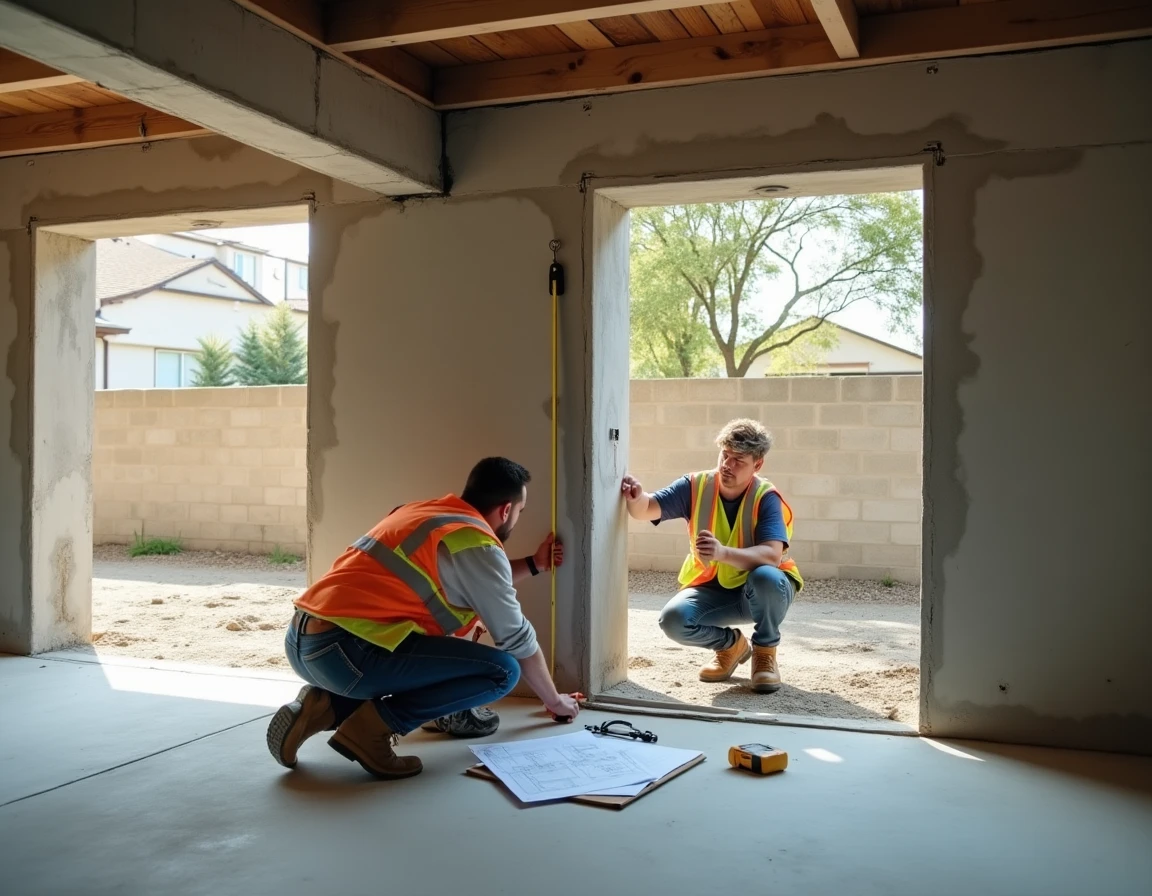 Installateur professionnel mesurant l'ouverture brute d'un garage double en façade avec un mètre ruban