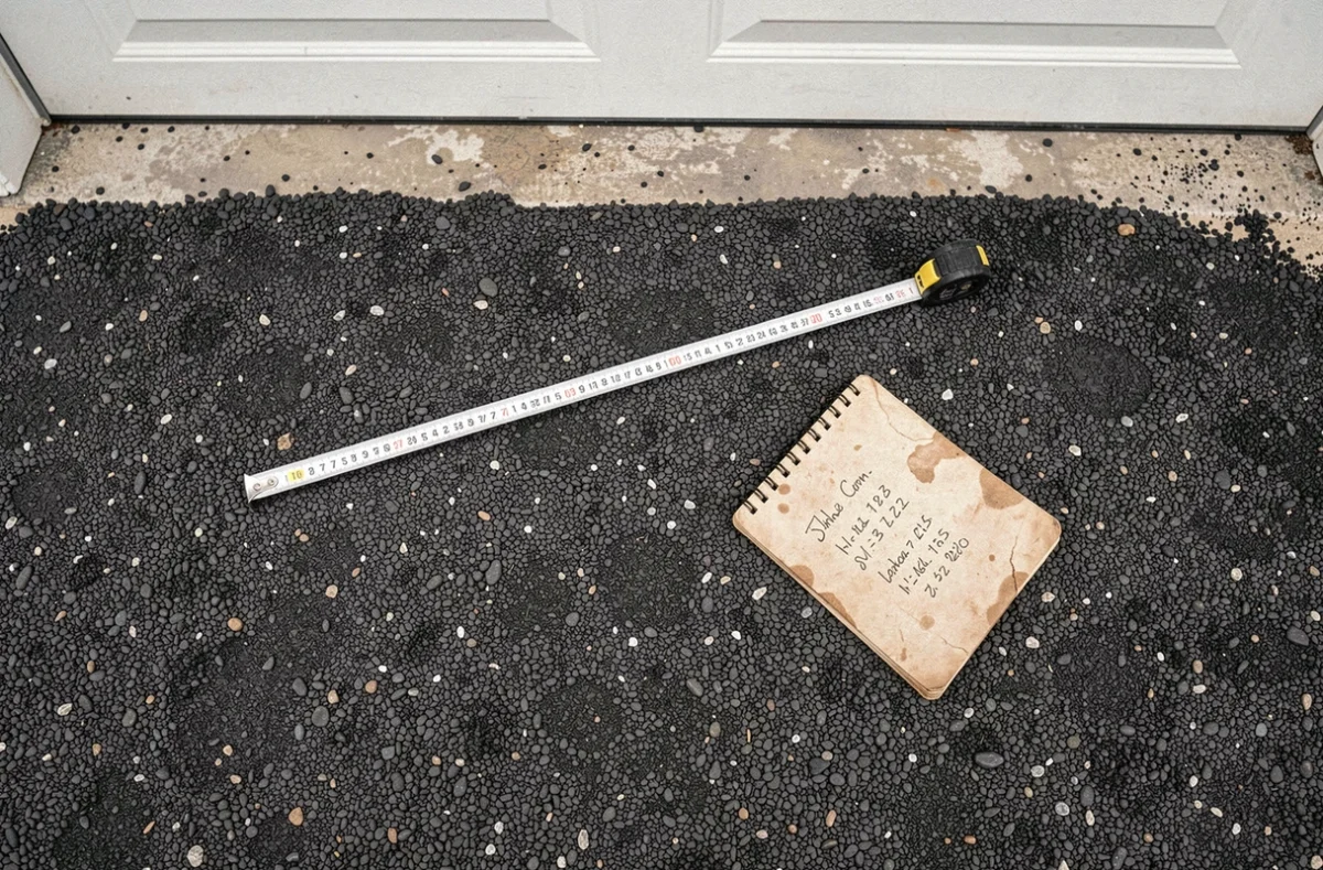 Mesure au sol de la surface en enrobé bitumineux d'une entrée de garage avec mètre ruban et notes de chantier