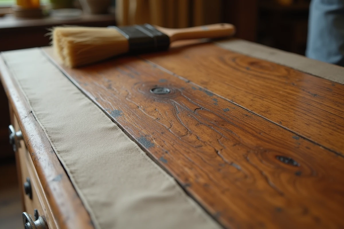 Gros plan sur la surface d'un meuble en bois ancien restauré avec un durcisseur fait maison, montrant le contraste avant et après traitement